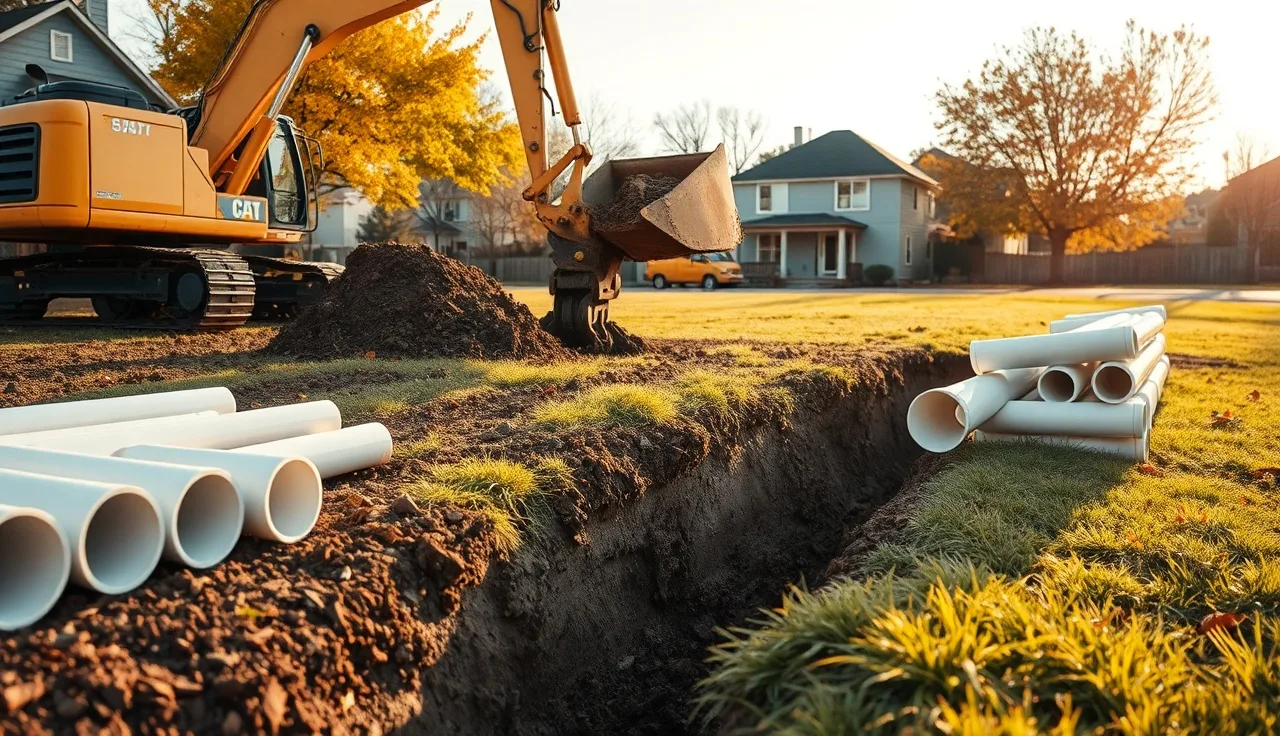 Excavator digging a septic system drain field trench on a residential lot