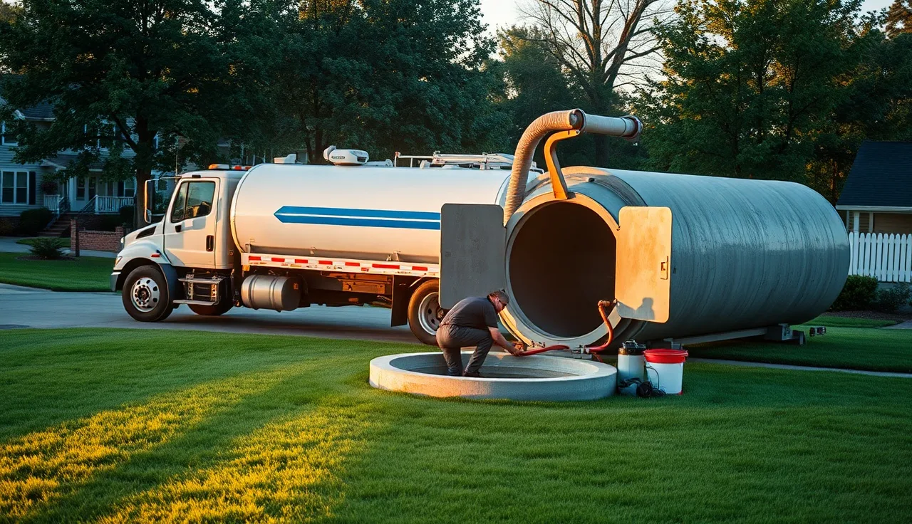 Septic vacuum truck operator opening tank lid during routine septic cleaning service