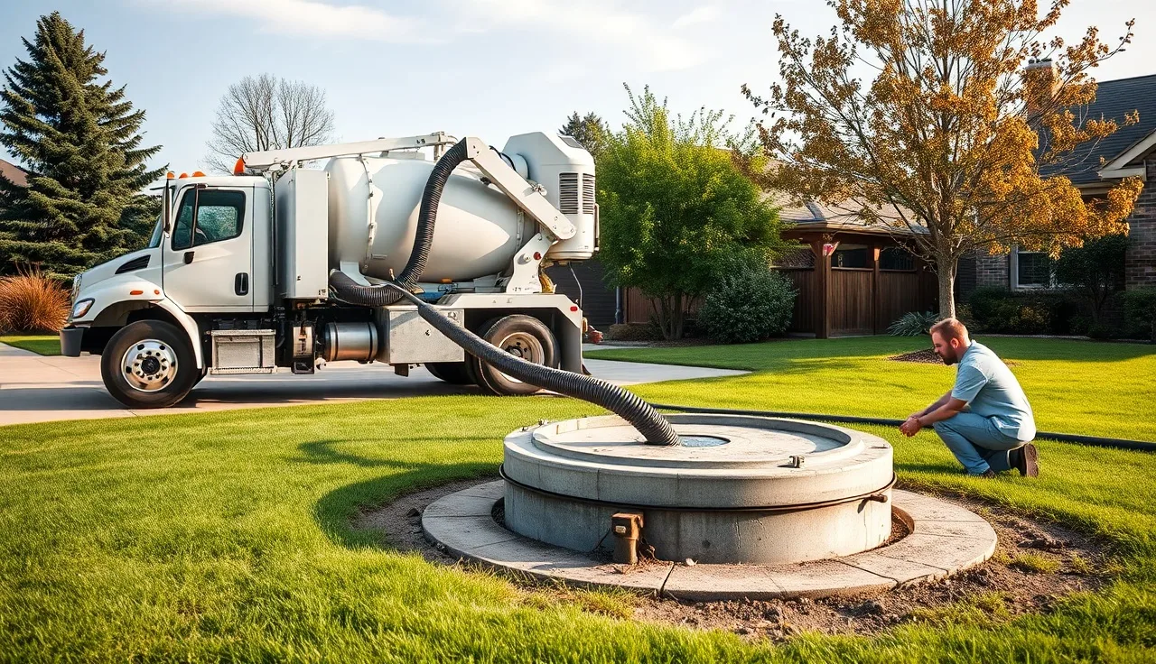 Septic pump truck emptying a residential septic tank in a suburban yard