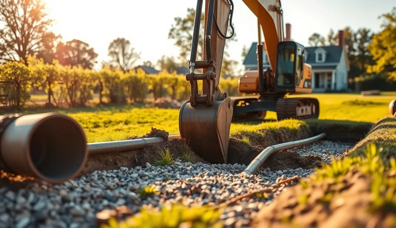 Excavator digging septic drainfield trench in a rural backyard with pipes and gravel