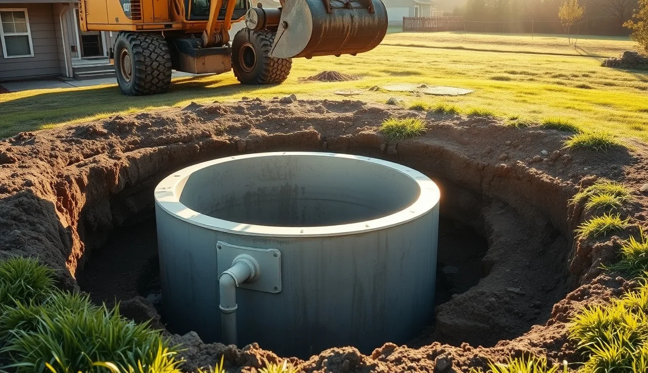 Concrete septic tank being set into excavated hole during residential installation