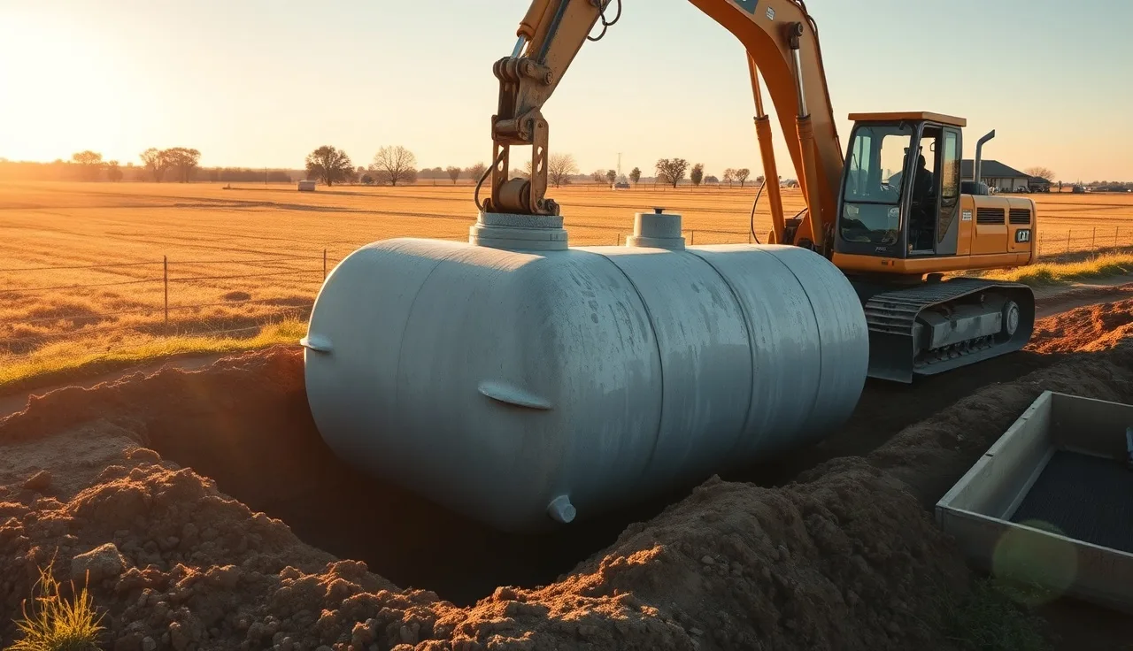 Excavator lowering a concrete septic tank into a dirt pit during installation