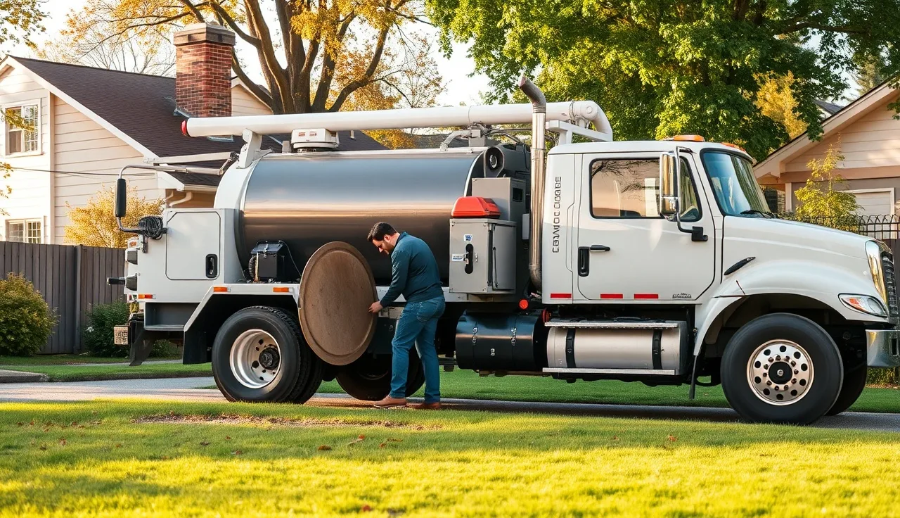 Septic pump truck technician opening a buried tank lid in a residential backyard