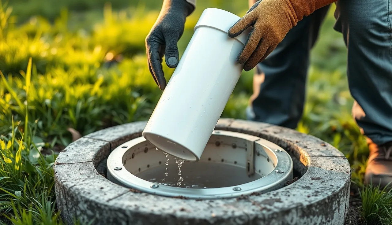 Plumber removing a white plastic effluent filter from an open septic tank riser in a backyard