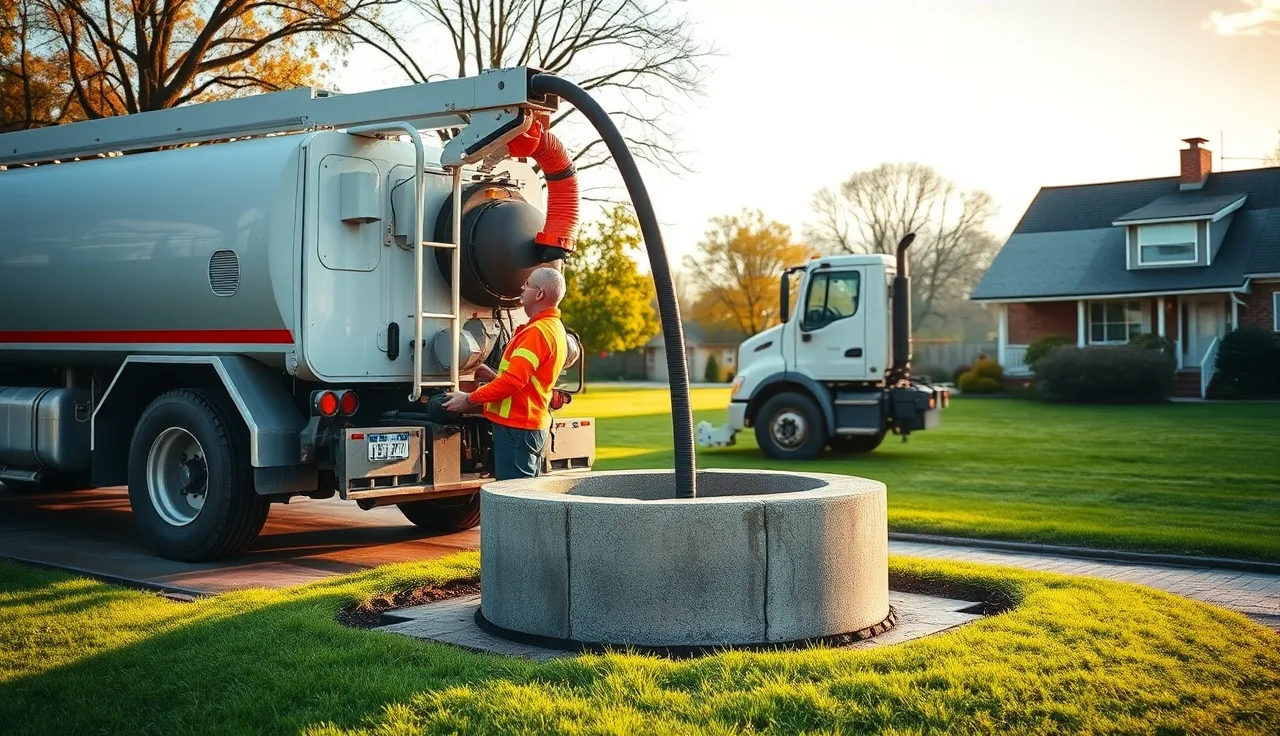 Septic pump truck technician draining a residential septic tank through a riser