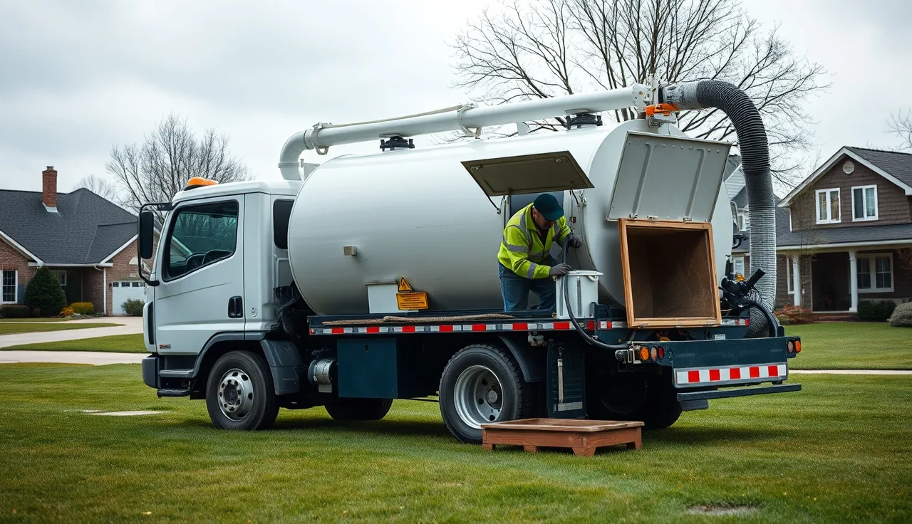 Septic pumping truck emptying a residential septic tank on a suburban lawn