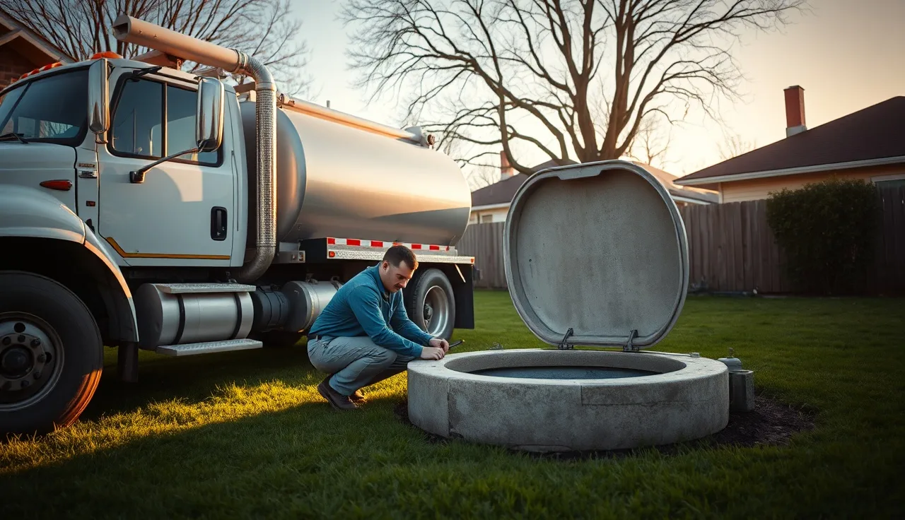 Septic tank technician opening access lid beside pump truck in a residential backyard