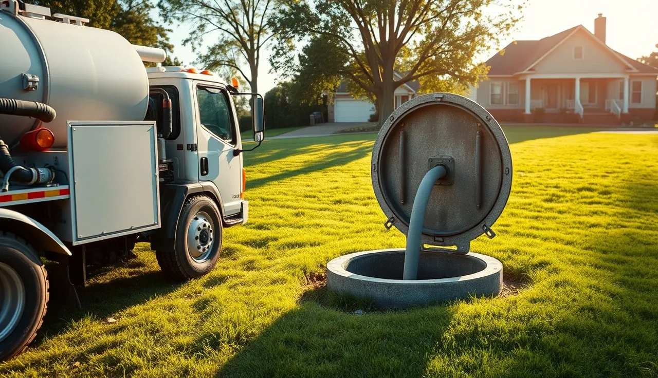 Septic pump truck on a residential lawn with open tank access lid during pump-out