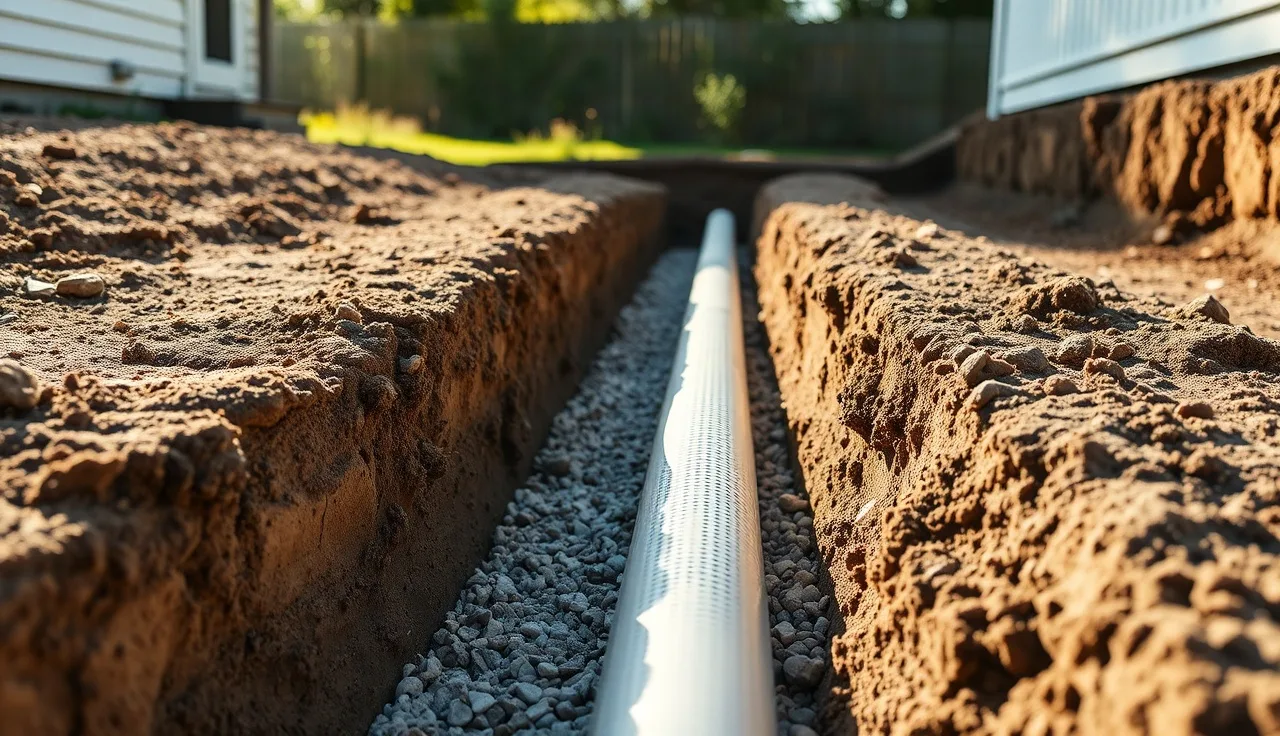 Open leach field trench with perforated pipe resting on drain gravel, ready for inspection