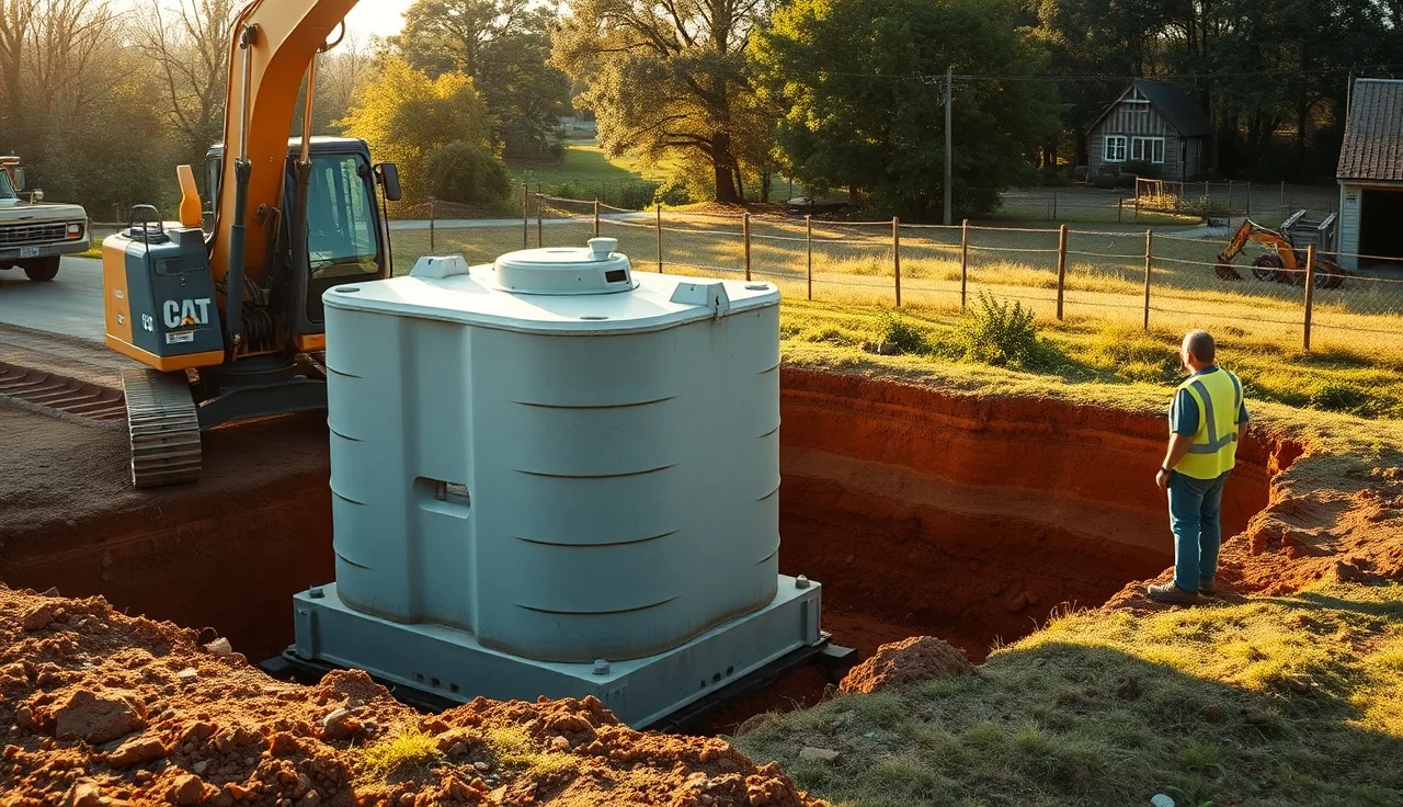 Excavator setting a concrete septic tank into a pit during installation on rural property