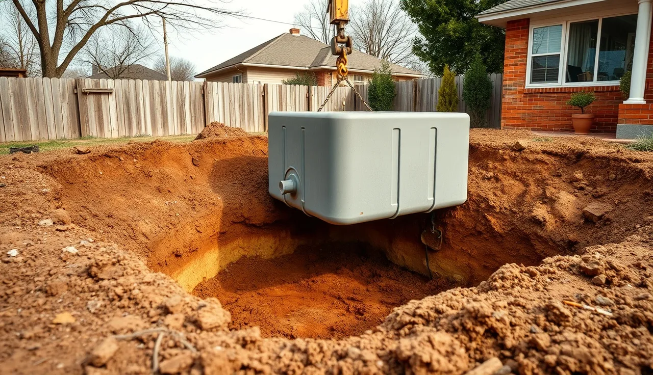 Precast concrete septic tank being lowered by excavator into residential excavation pit