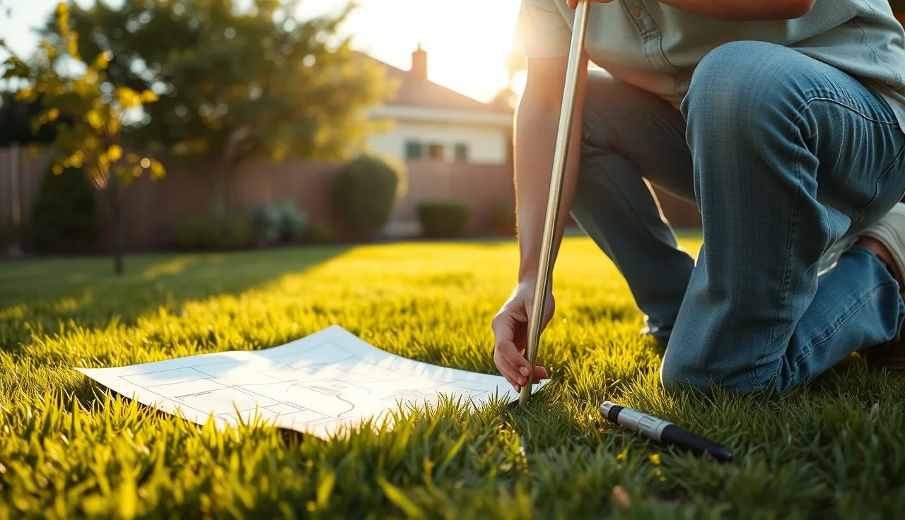 Homeowner using a probe rod to locate a buried leach field in a backyard