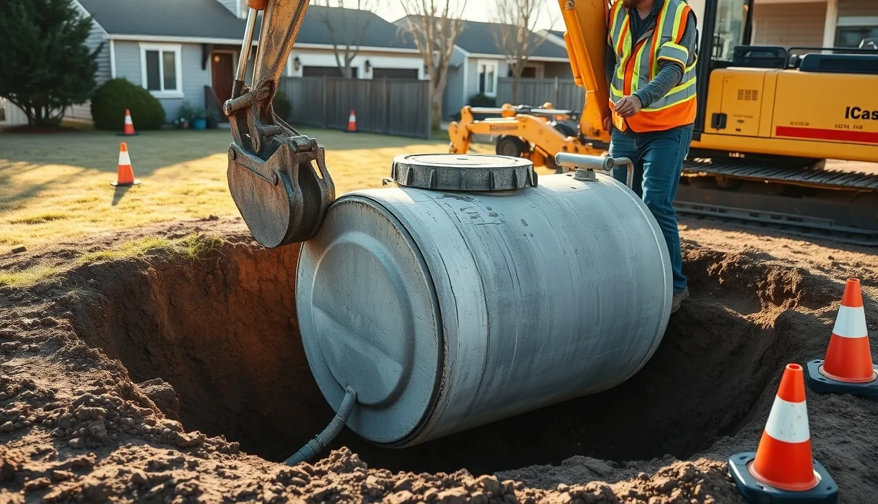Concrete septic tank being lowered into excavated hole during residential installation
