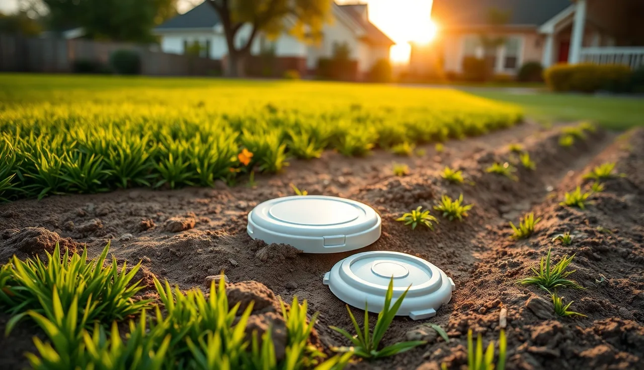 Residential backyard drain field with distribution box lid visible at ground level