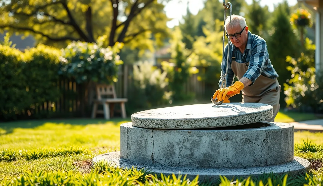 Worker lifting a concrete septic tank lid in a residential backyard during inspection