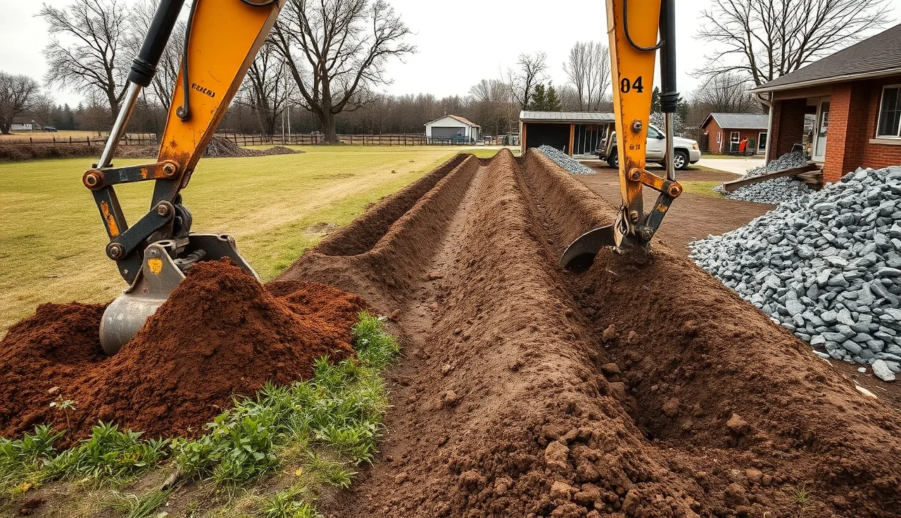 Excavator digging parallel leach field trenches in a rural backyard