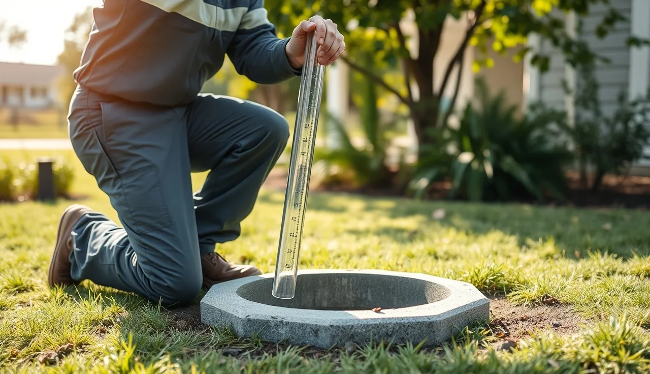 Septic technician measuring tank sludge level beside open tank lid in backyard