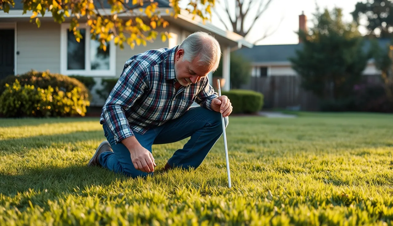Homeowner using a metal probe rod to locate a buried septic tank in the yard