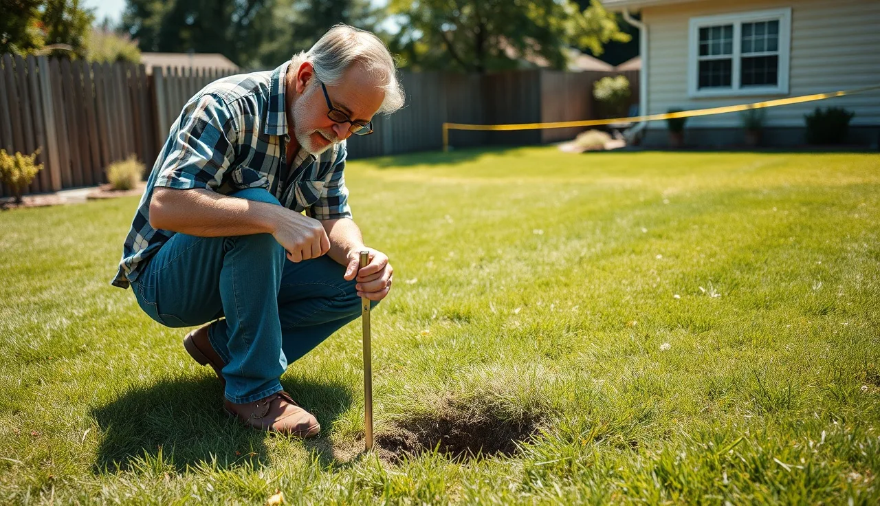 Homeowner probing lawn with metal rod to locate buried leach field