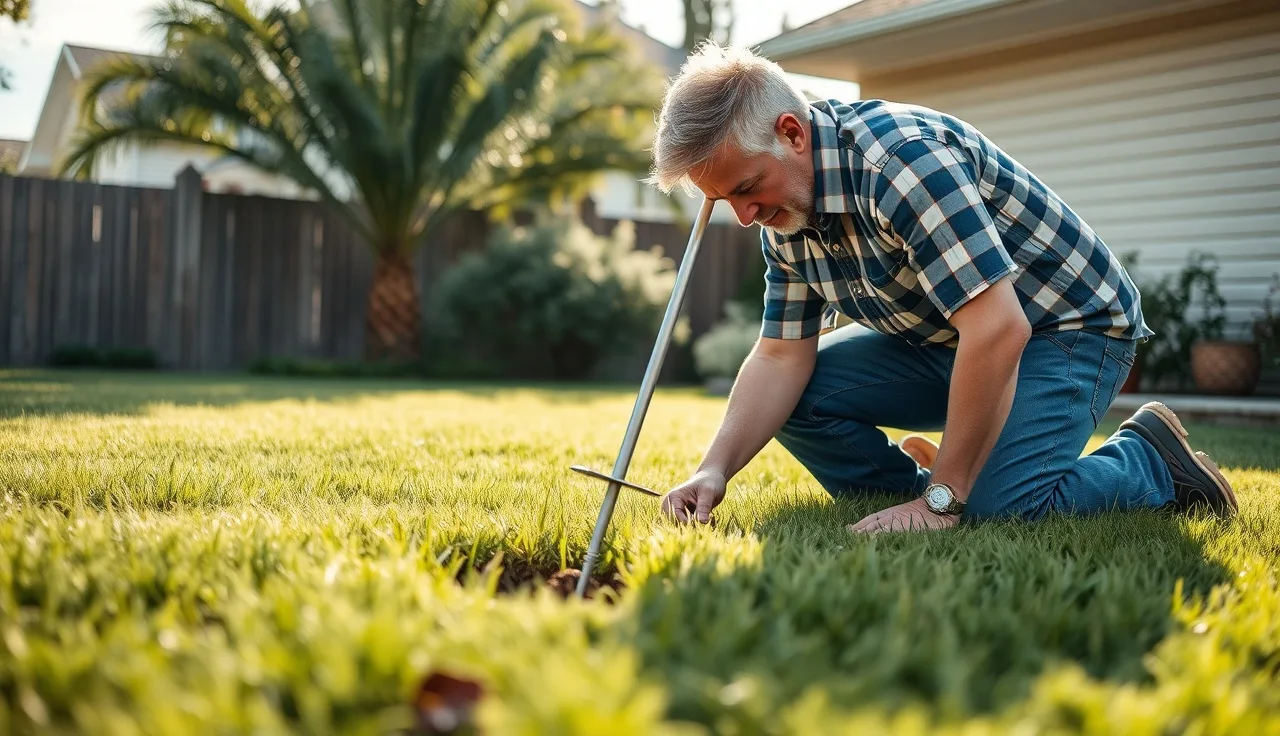 Homeowner using a soil probe in a backyard to locate a buried septic tank