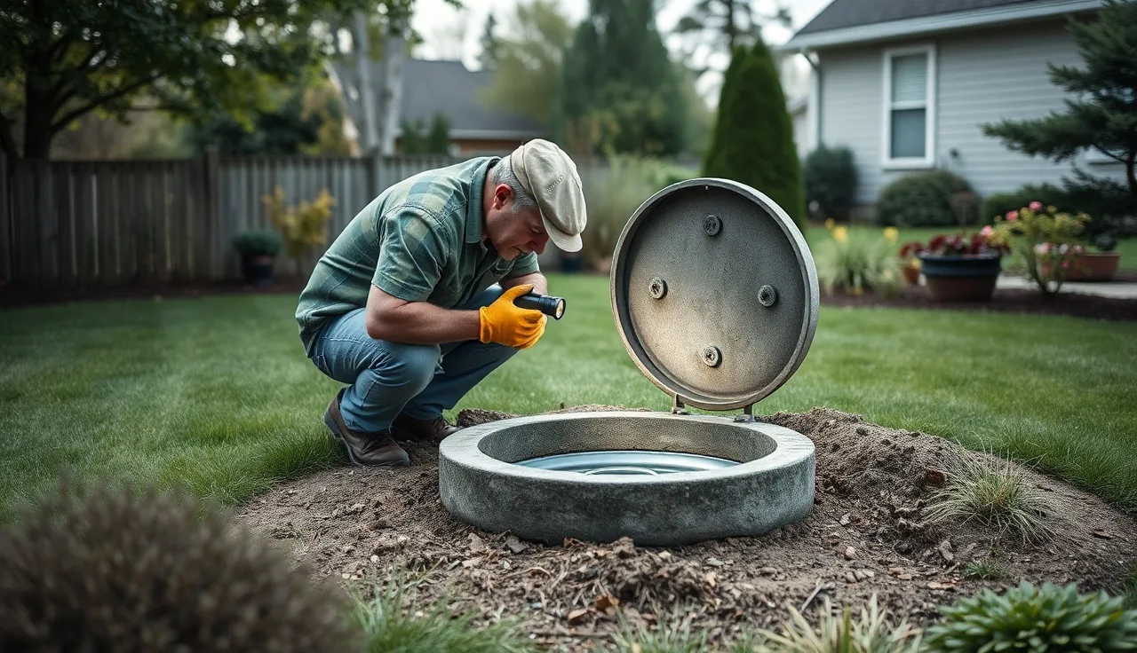 Homeowner inspecting open septic tank access riser in backyard during maintenance check