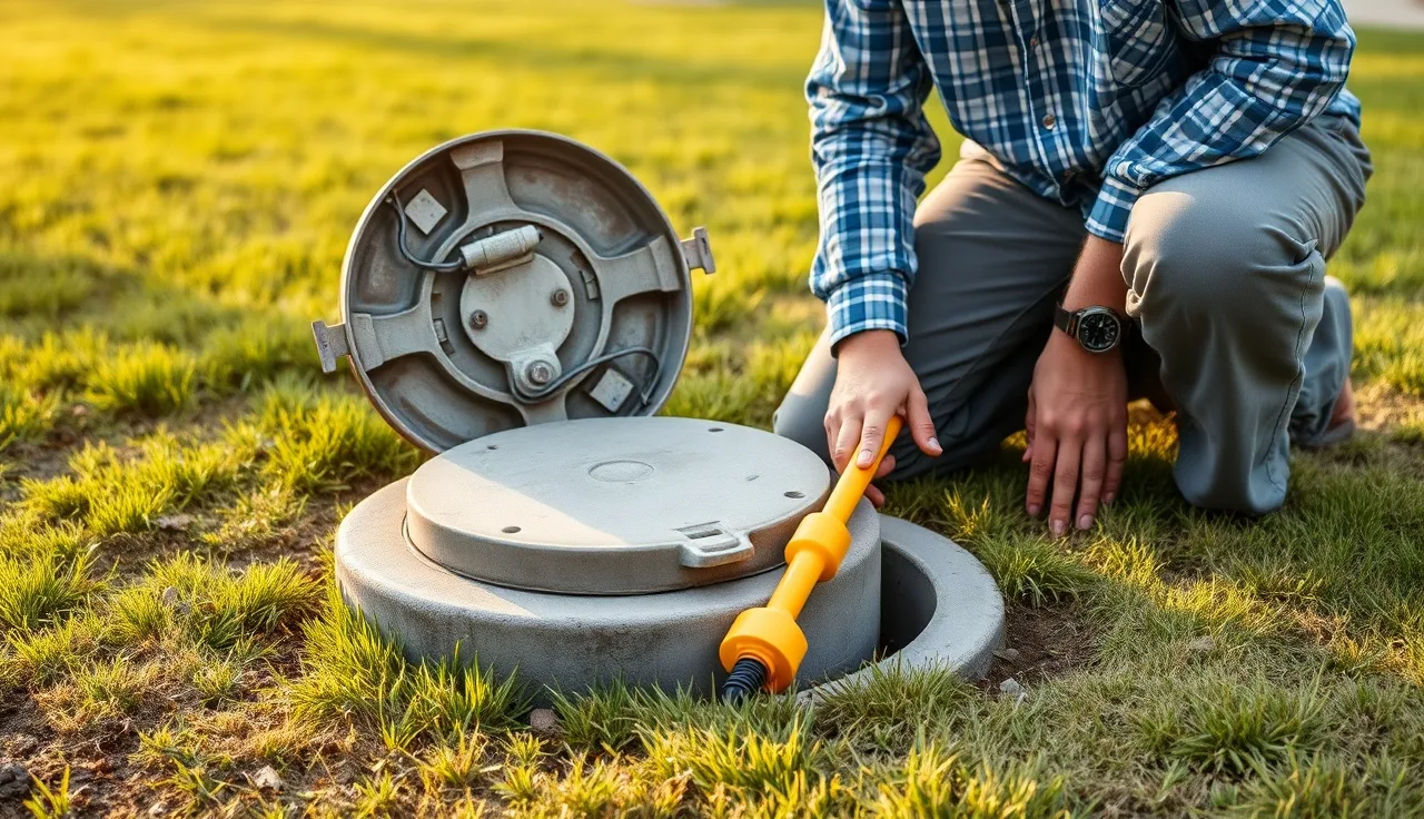 Homeowner inspecting open septic tank access riser with sludge probe in backyard