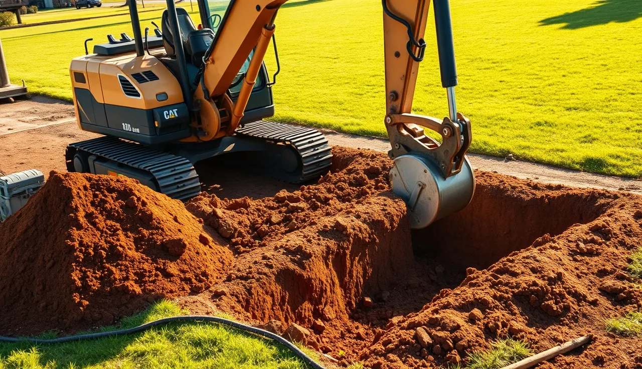Excavator digging a septic drain field trench in a residential backyard
