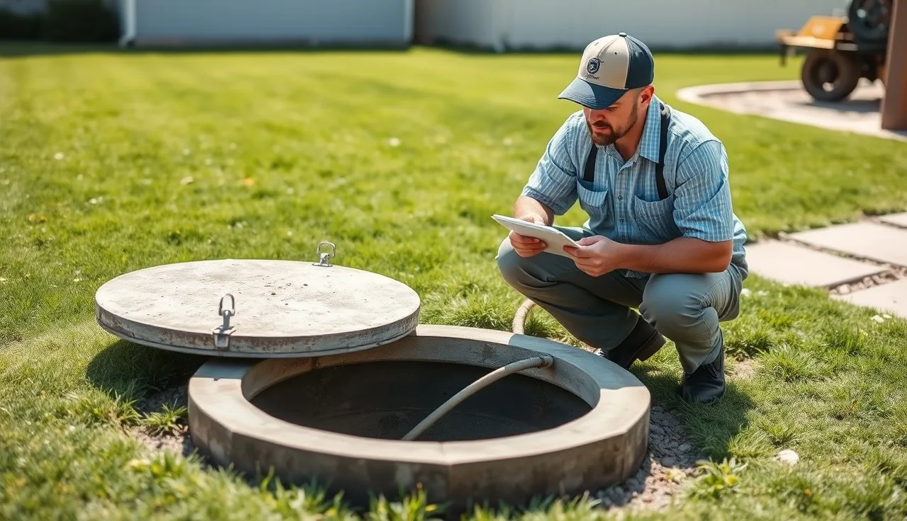 Septic inspector examining an open tank lid during a backyard septic inspection