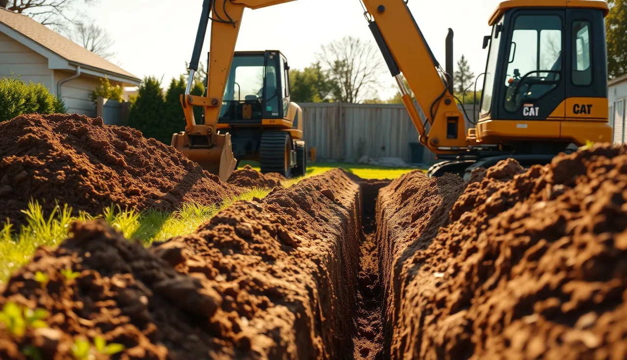 Backhoe digging a drain field trench in a residential backyard