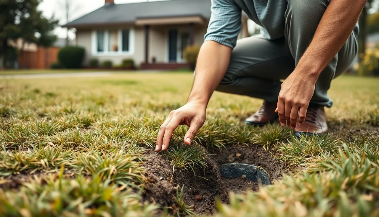 Homeowner pressing hand into wet soggy grass above a failing drain field