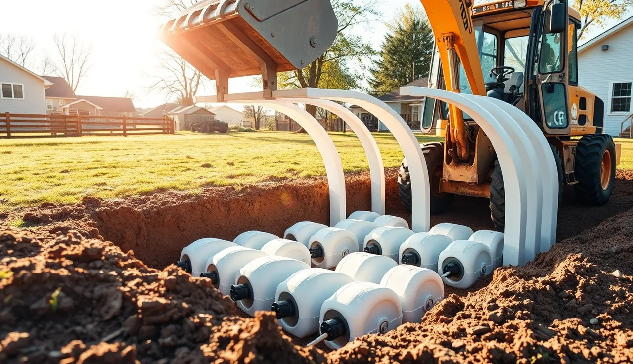 Plastic Infiltrator arch chambers installed in a freshly dug septic drain field trench