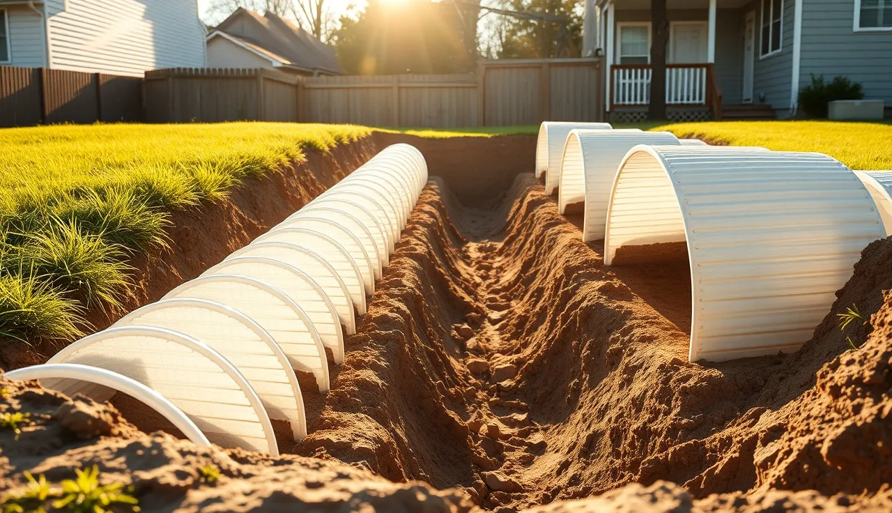 Plastic Infiltrator chambers laid in a residential leach field trench