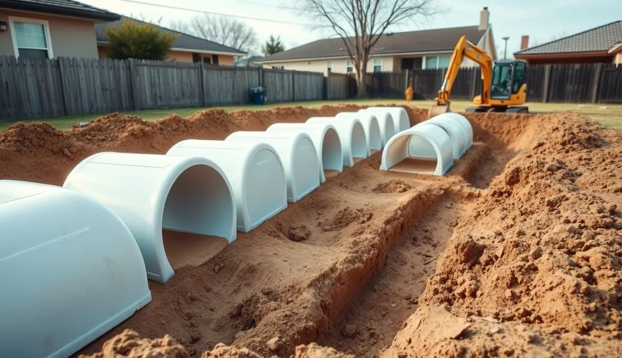 Plastic arch-shaped Infiltrator septic chambers installed in a residential backyard trench