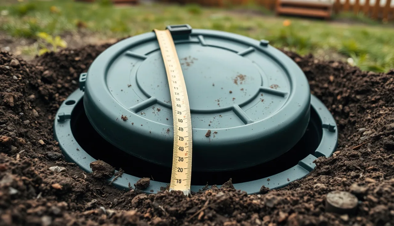 Polyethylene septic tank access lid with tape measure showing 29.5-inch opening diameter