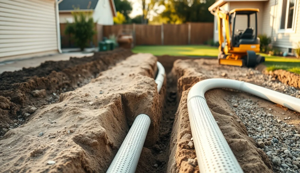 Excavated leach field trenches with perforated pipe laid in gravel during installation