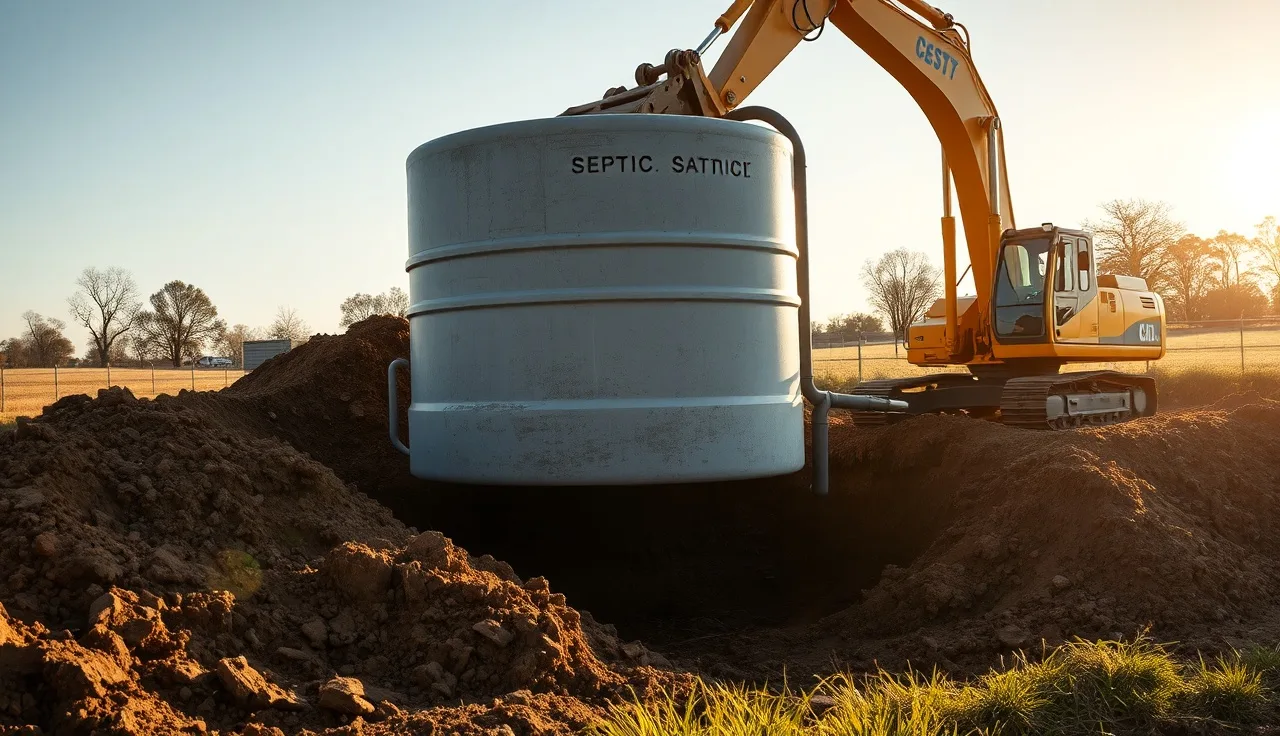 Excavator lowering a concrete septic tank into a freshly dug pit on a rural residential lot