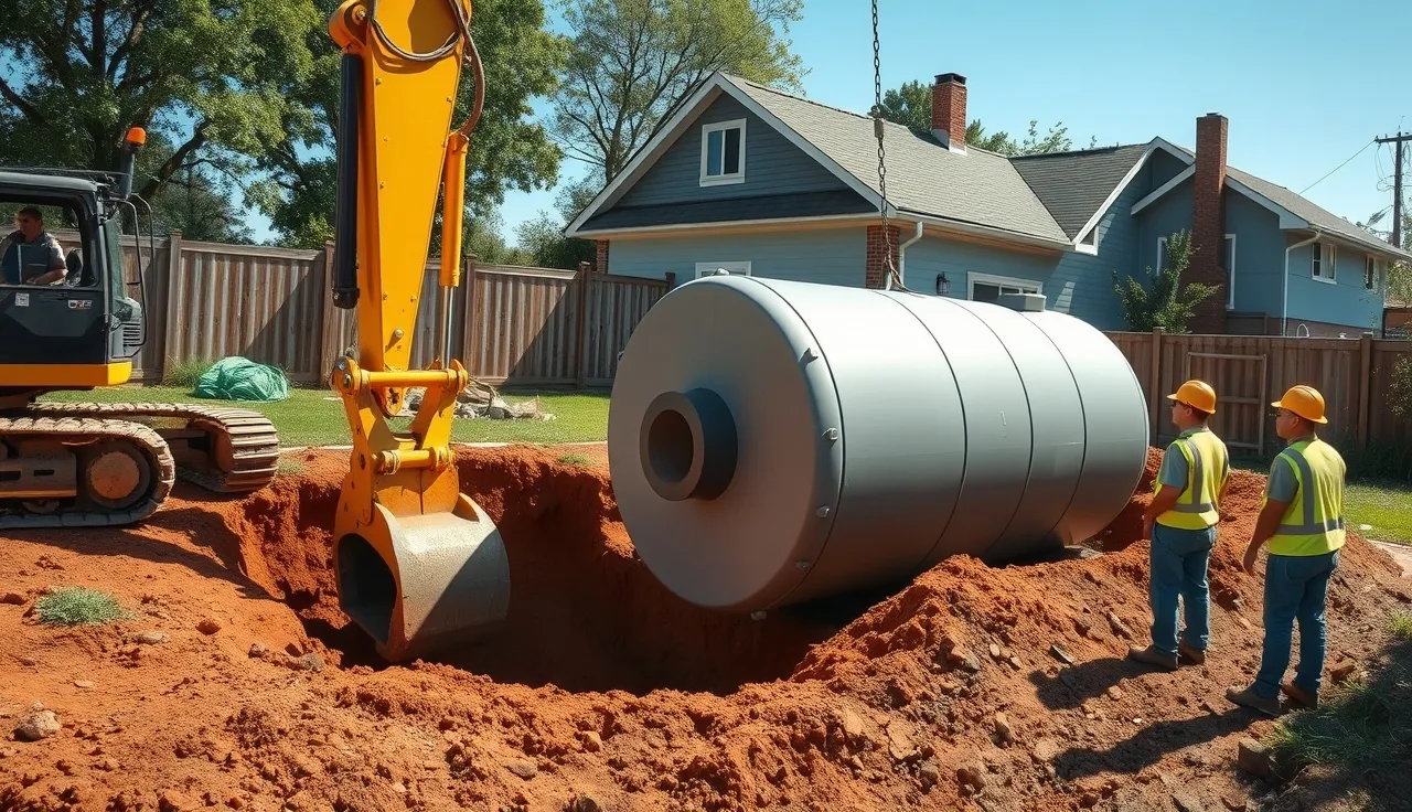 Excavator lowering aerobic septic system tank into residential backyard trench