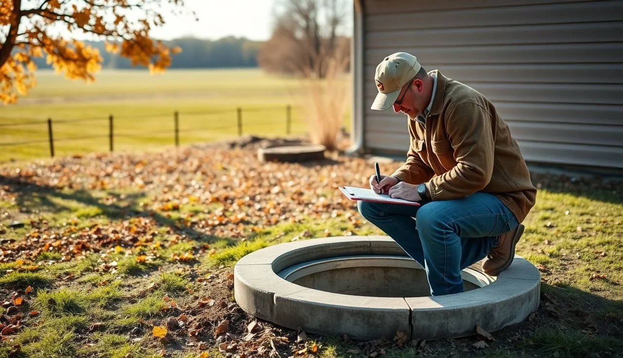 Septic inspector examining open tank access lid during Iowa property inspection