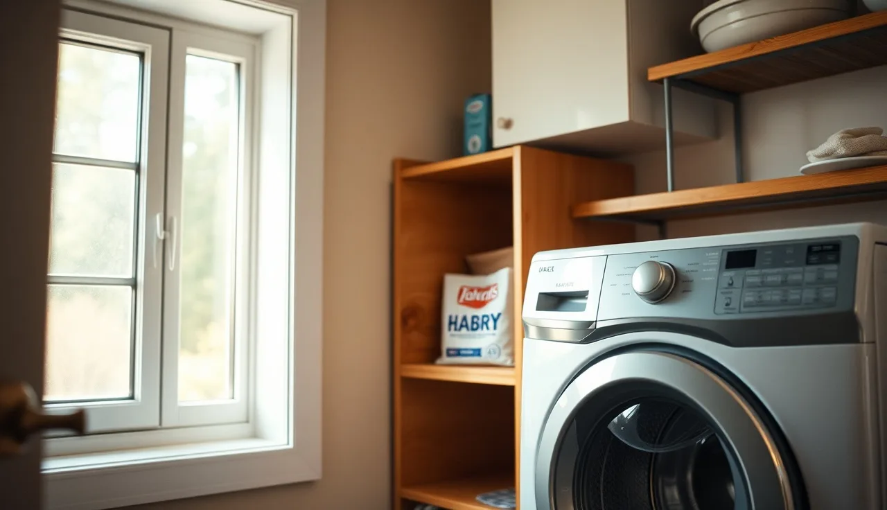 Laundry room shelf with powder detergent beside a washing machine and utility sink