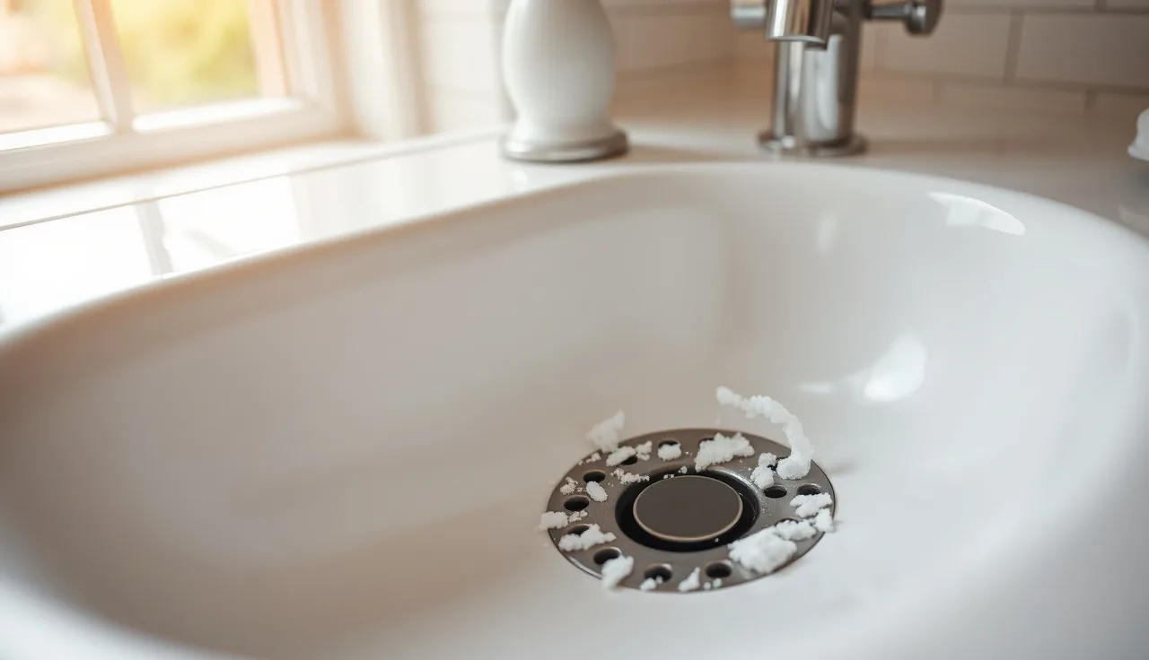 Calcium mineral deposits around a bathroom sink drain in a residential home