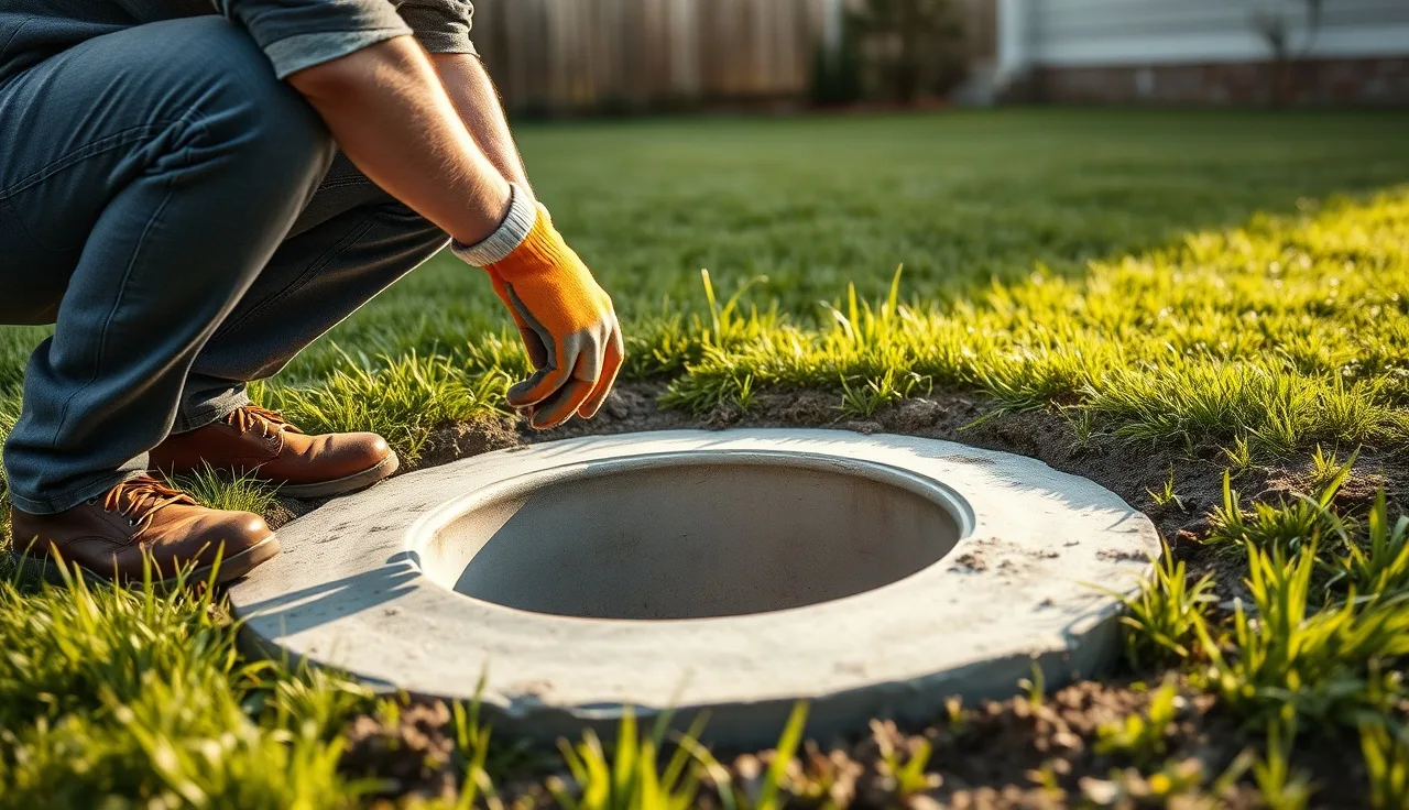Homeowner inspecting open septic tank access riser in a green backyard lawn