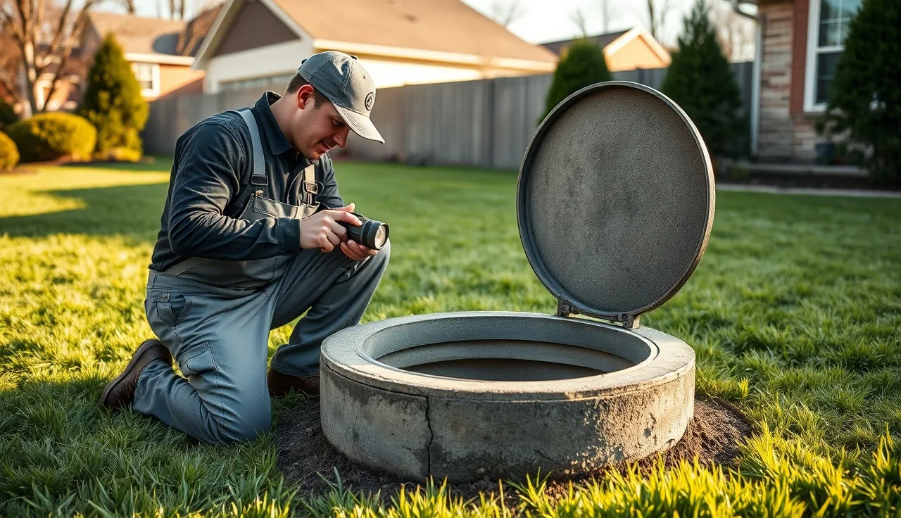 Plumber inspecting open septic tank access hatch in suburban backyard