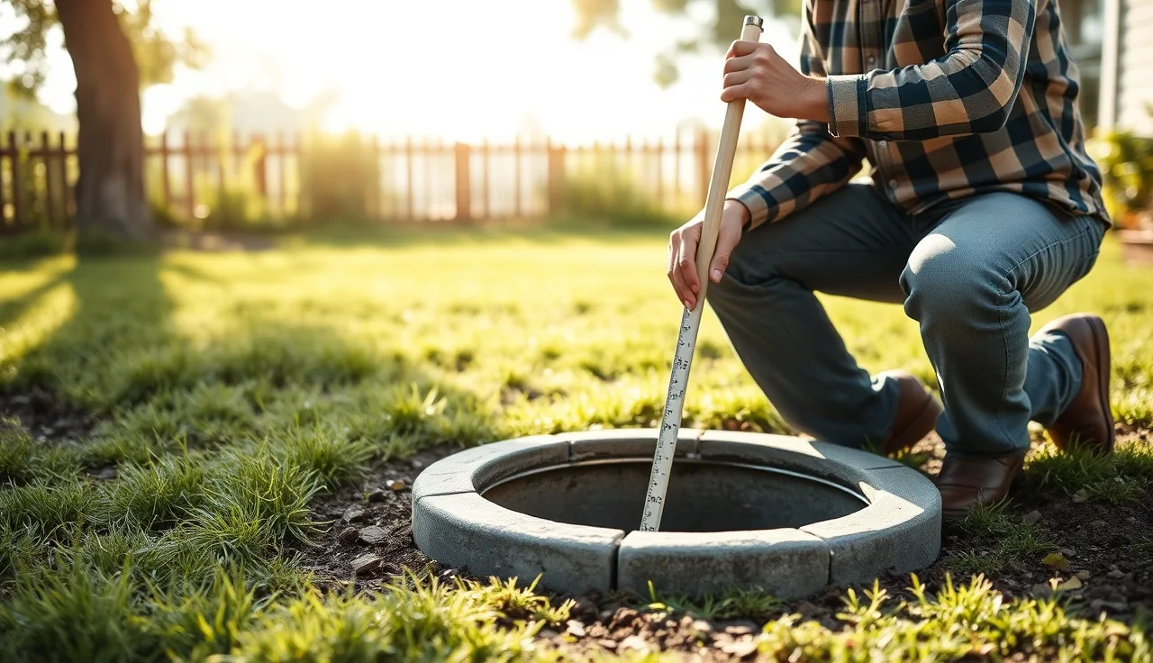 Homeowner measuring sludge depth in open septic tank during backyard inspection