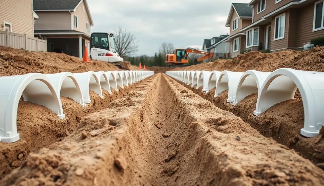 Plastic leach field chambers set in a freshly dug trench in a residential yard