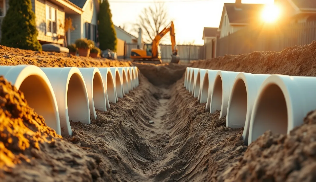 Newly installed white plastic leach field chambers in an open soil trench in a backyard