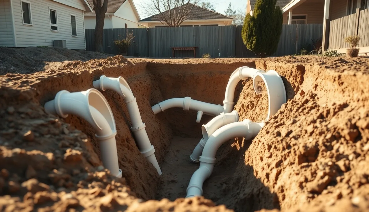 Open trench in a backyard showing connected plastic leach field chambers ready for backfill