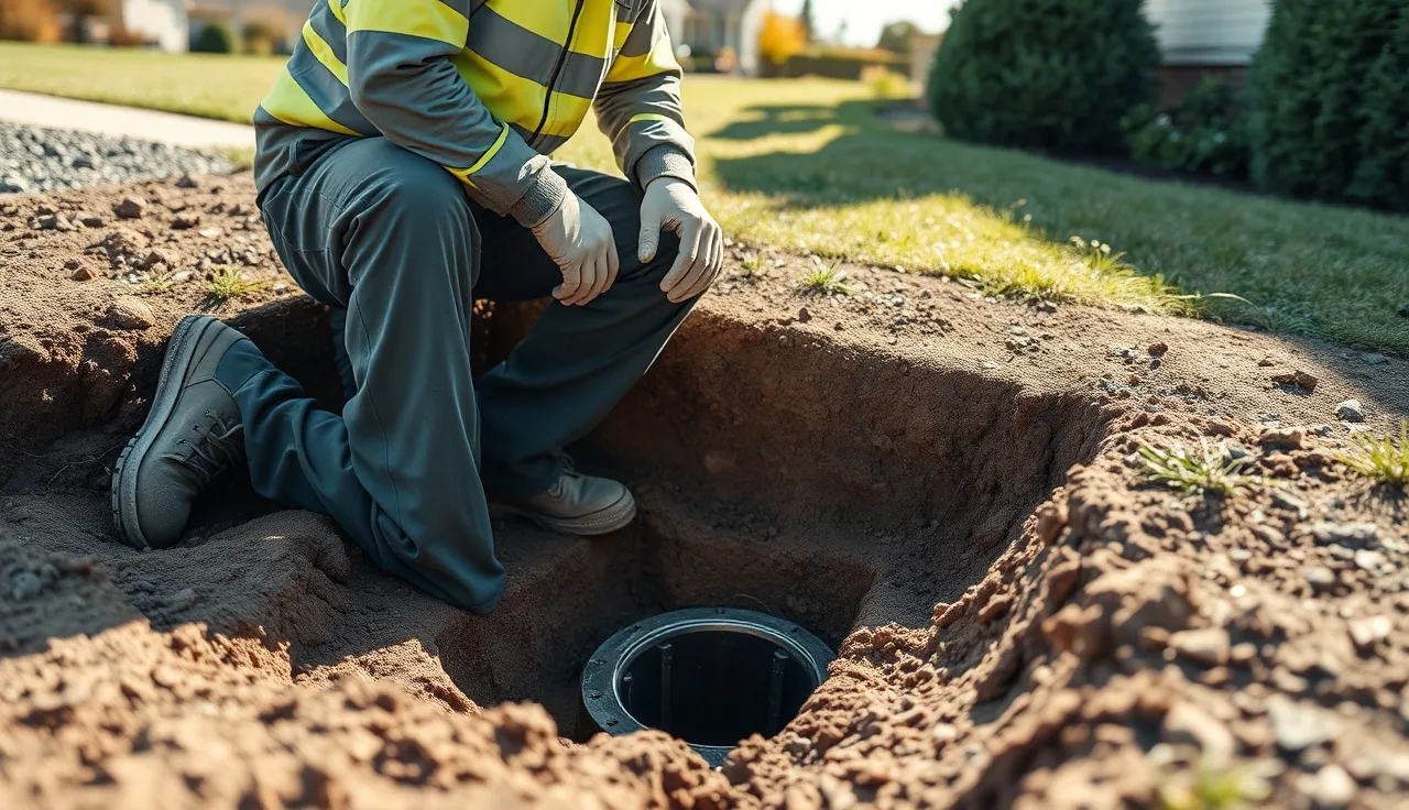 Technician inspecting open leach field trench port in residential backyard