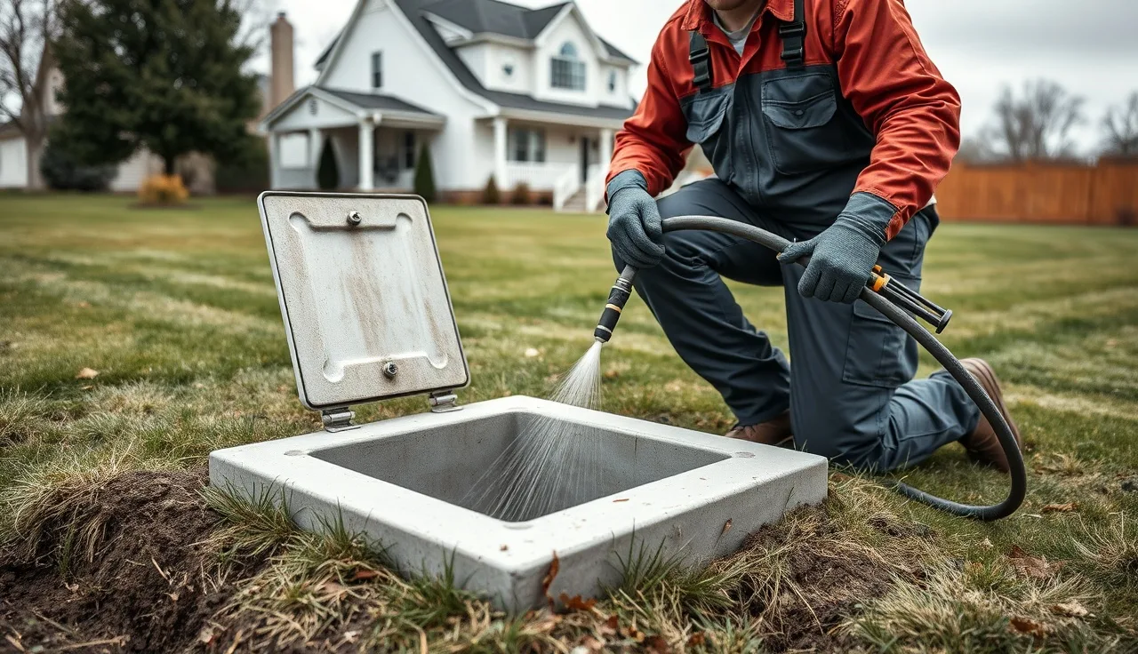 Technician cleaning a leach field distribution box with a hydro-jetting hose in a backyard