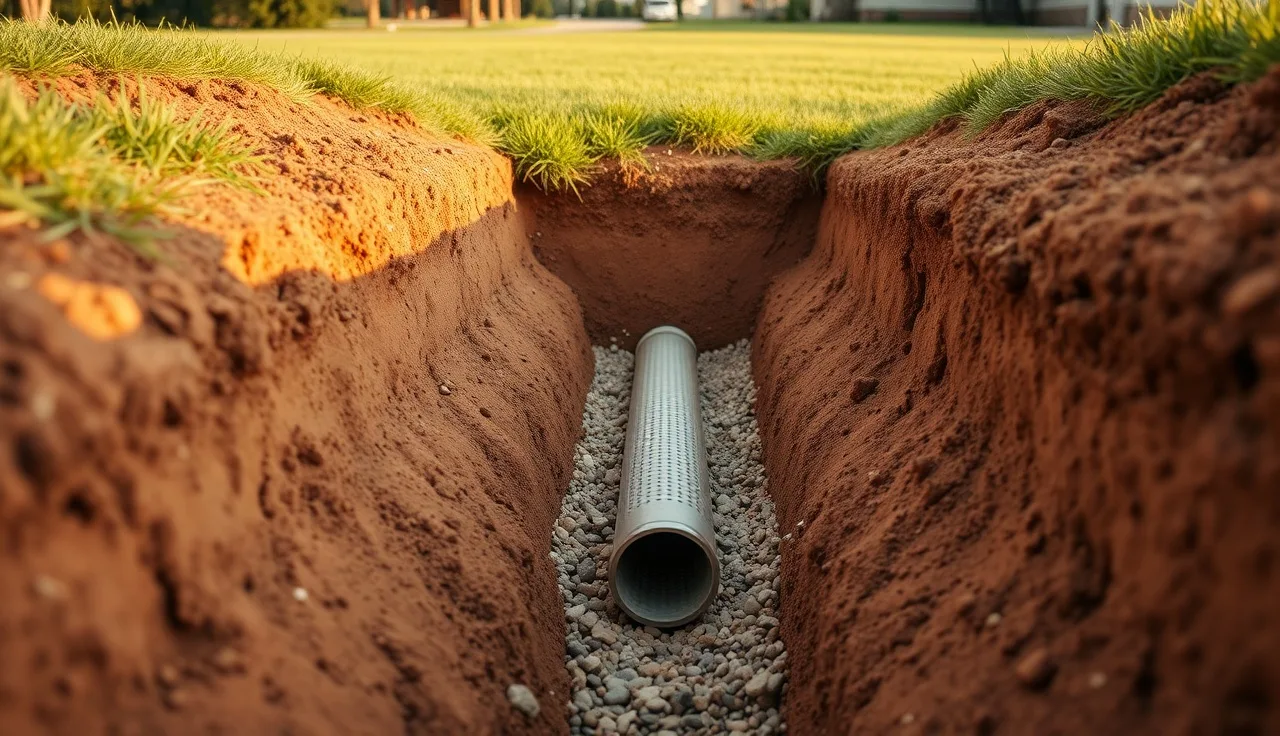 Open leach field trench showing perforated pipe on gravel bed at depth