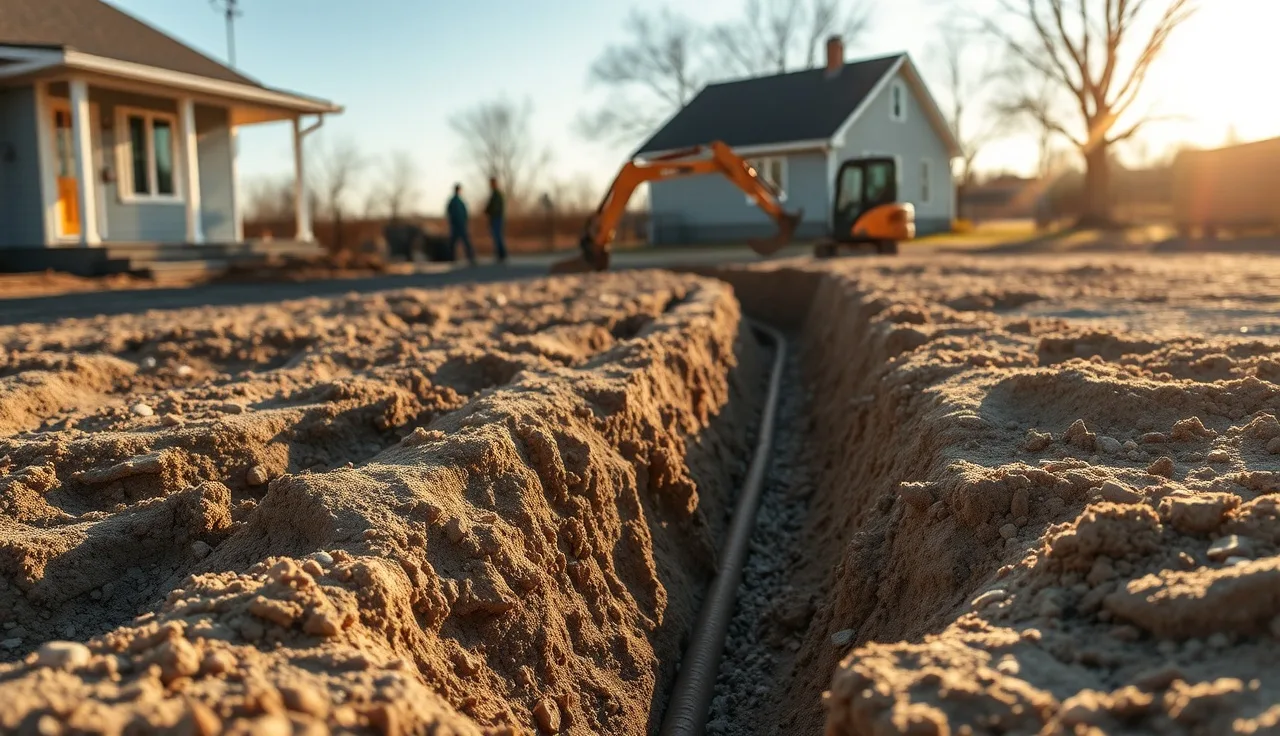Open residential leach field trench with gravel and perforated pipe ready for backfill
